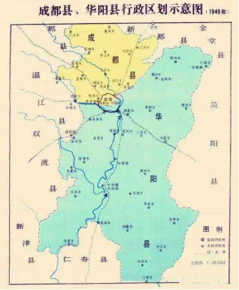 ▲1949年，成都县、华阳县行政区划示意图 来源：成都市情网